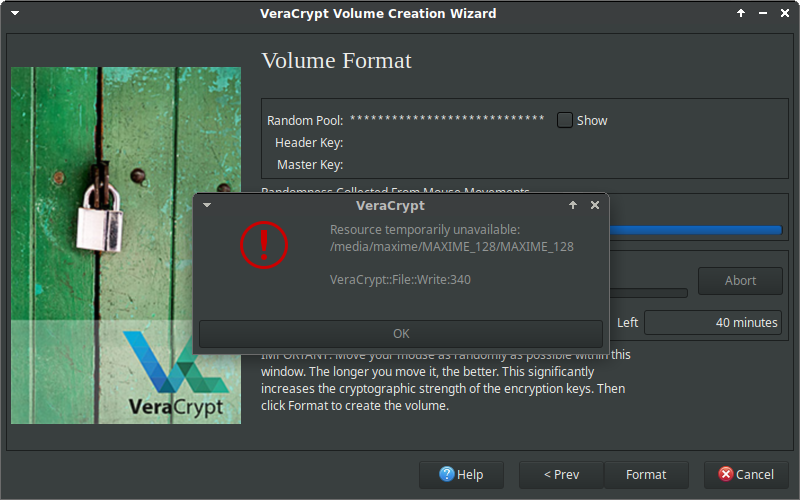 Capture d’écran de VeraCrypt qui montre l’erreur “Resource temporarily unavailable: VeraCrypt::File::Write:340”